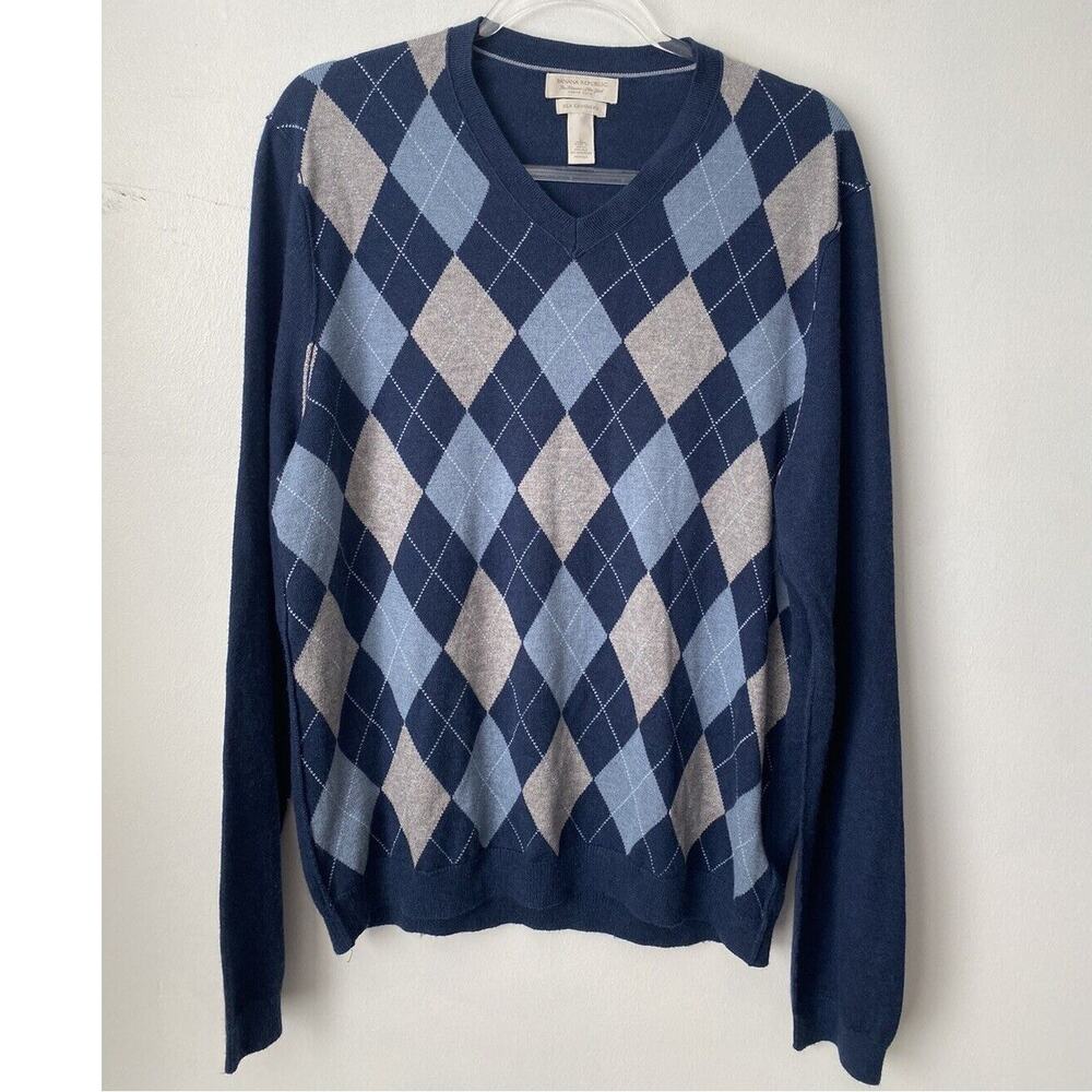 Banana Republic Blue Argyle Silk Cashmere V-Neck Sweater Mens L